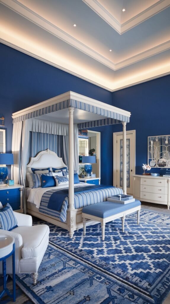 A beautiful and dreamy sophisticated bedroom with deep blue walls and a white four-poster bed with blue and white striped canopy and bedding, featuring a blue tufted bench and a detailed blue patterned rug.