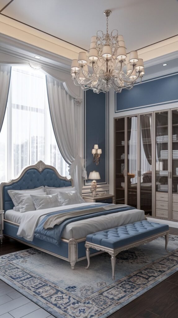 A beautiful and dreamy elegant bedroom with a large crystal chandelier, a blue upholstered bed, a blue tufted bench, and a detailed blue patterned rug, with a large glass-fronted wardrobe.