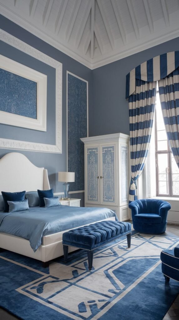 A beautiful and dreamy bedroom with light blue walls and white decorative moldings, featuring a white bed with blue bedding, a blue velvet tufted bench, a blue armchair, and a blue geometric patterned rug.