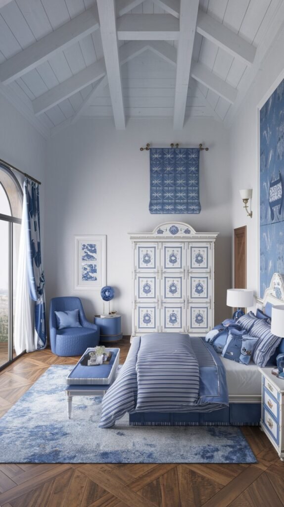 A beautiful and dreamy airy bedroom with a high vaulted white ceiling and blue accents, featuring a white and blue striped bed, a blue armchair, and a blue and white patterned armoire.