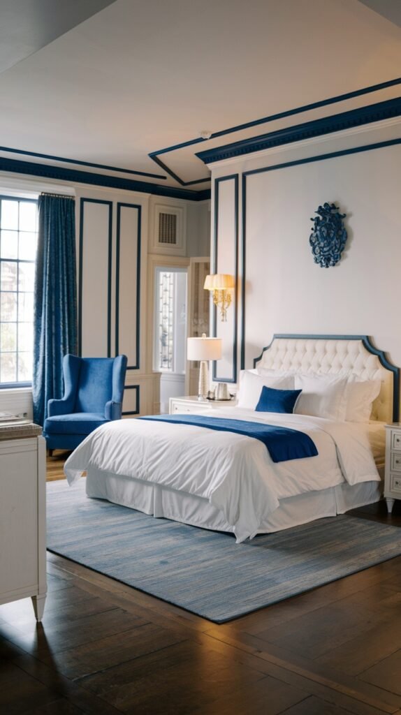 A beautiful and dreamy bedroom with white walls and dark blue trim details, featuring a white bed with a blue bed runner, a blue tufted armchair, and a light blue rug.
