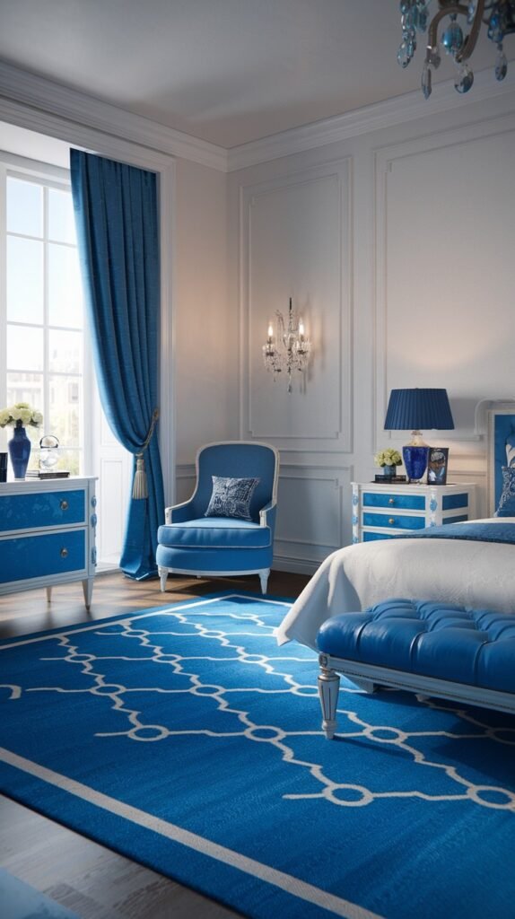 A beautiful and dreamy luxurious bedroom with white walls and intricate molding, featuring a blue upholstered armchair, blue nightstands, and a vibrant blue rug with a white geometric pattern.