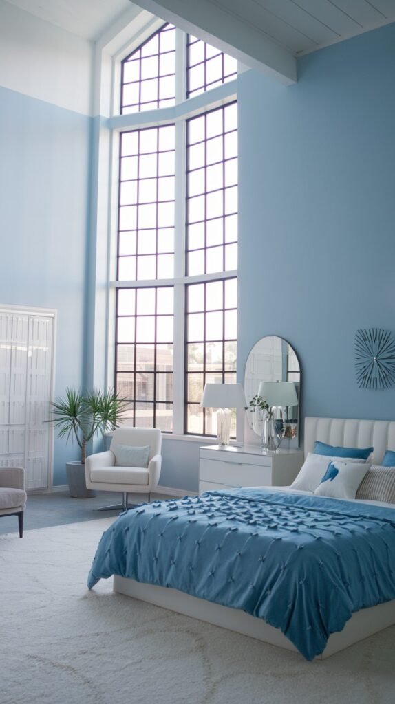 A beautiful and dreamy bedroom with light blue walls and a very tall window with a grid pattern, featuring a white bed with a textured blue comforter, a cream armchair, and a white dresser with a round mirror.