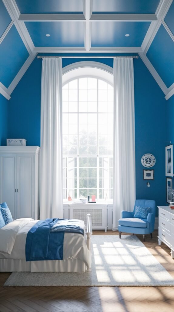 A beautiful and dreamy bedroom with bold blue walls and a striking arched window, featuring a white bed with a blue throw, a light blue armchair, a white wardrobe, and a white coffered ceiling.