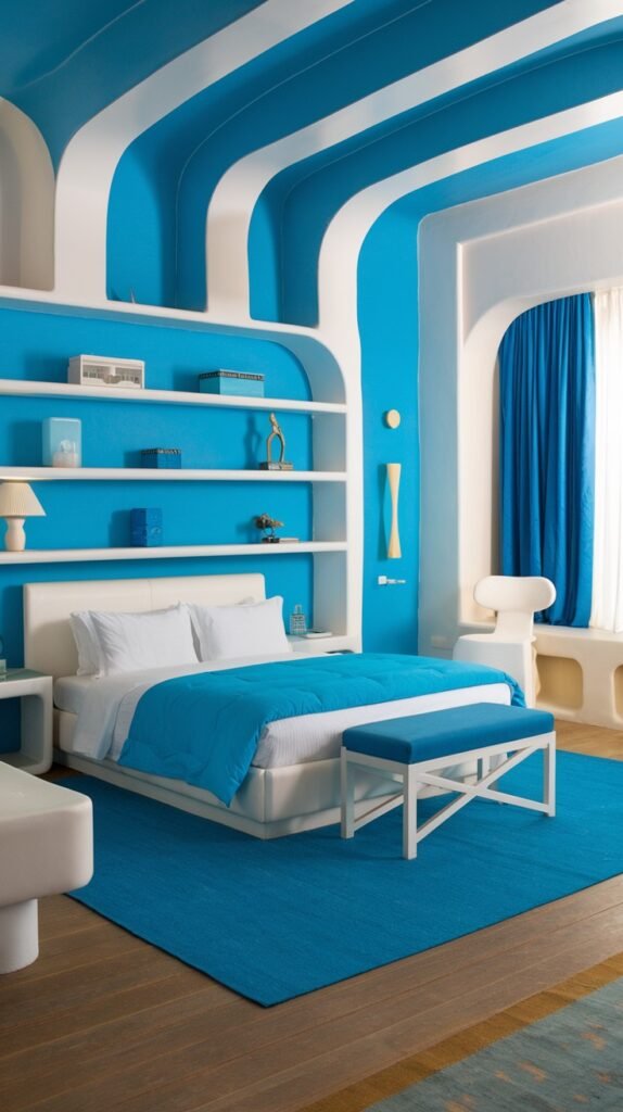 A beautiful and dreamy contemporary bedroom with artistic blue and white wall and ceiling designs, featuring a white bed with a blue comforter, white shelves, and a bright blue rug on a wooden floor.