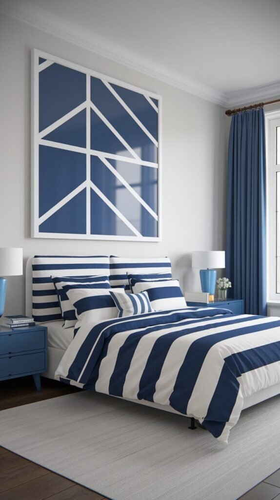 A beautiful and dreamy bedroom with a subtle light gray wall and a large navy blue and white geometric art piece above a bed with bold blue and white striped bedding, complemented by blue nightstands.