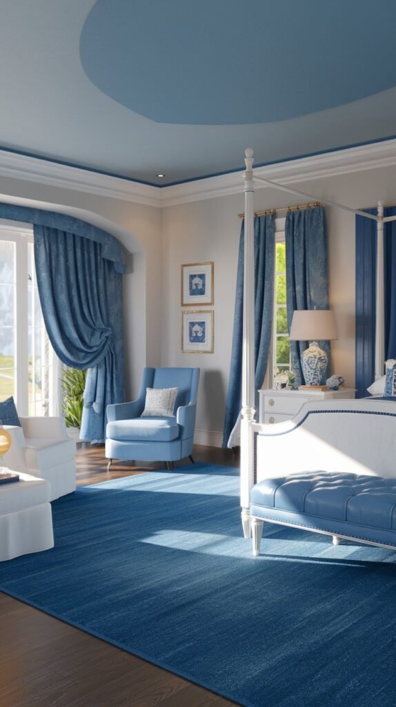 A beautiful and dreamy luxurious bedroom with blue and white decor, featuring a four-poster bed, ornate blue curtains, a light blue armchair, and a large deep blue rug covering most of the floor.