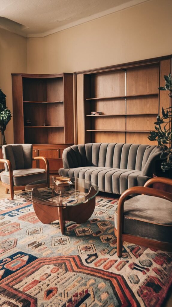 A stylish Hippie living room featuring a large, ornate patterned area rug, a grey channel-tufted sofa, two matching grey armchairs, a glass-top coffee table, and built-in wooden bookshelves.