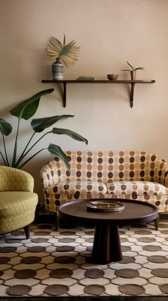 A stylish Hippie living space with a distinct round-patterned rug in brown tones, a sofa upholstered in a brown and beige polka-dot fabric, a yellow armchair, a round dark wooden coffee table, and a large potted plant.