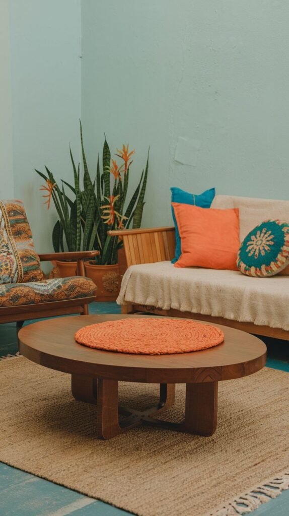 A stylish Hippie living area with a natural jute area rug, a large oval wooden coffee table with an orange woven placemat, a natural fiber sofa with bright orange and blue pillows, and several tall snake plants.