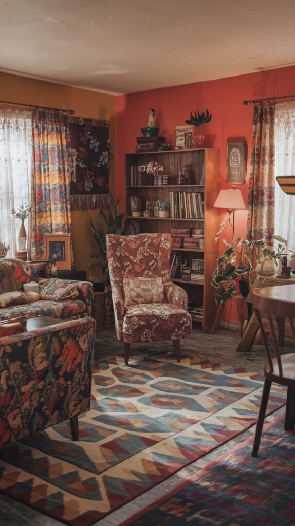 A stylish Hippie living room with a vibrant geometric patterned area rug, a sofa and armchair upholstered in a rich floral pattern, warm orange walls, a wooden bookshelf, and various plants and decorative items.