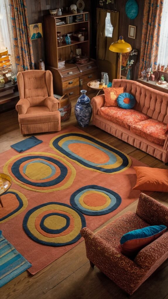 A stylish Hippie living room featuring a large orange rug with prominent blue and yellow concentric circles, an orange tufted sofa, two armchairs, and a yellow floor lamp, creating a retro and colorful ambiance.