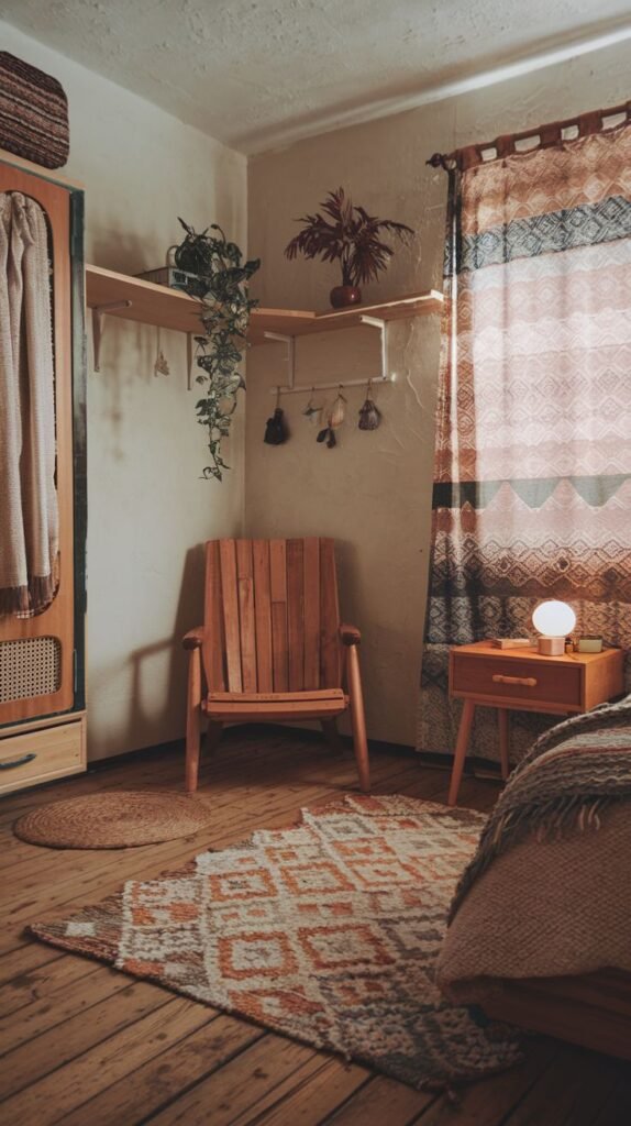 A stylish Hippie bedroom with a patterned area rug in orange and brown hues, a simple wooden bed frame, a wooden slatted chair, a small wooden nightstand with a lamp, and wooden shelves on the wall.