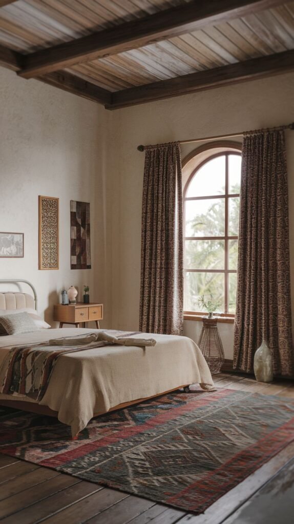 A stylish Hippie bedroom featuring a large patterned area rug, a bed with light-colored bedding, a wooden nightstand, a large arched window with patterned curtains, and an exposed rustic wooden ceiling.