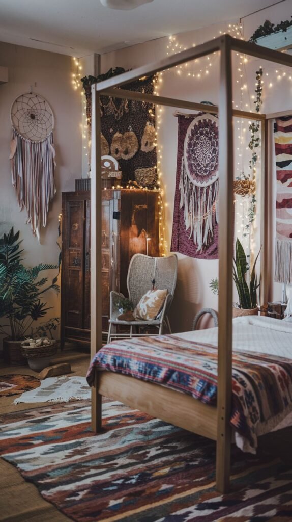 A stylish Hippie bedroom with a large, colorful patterned area rug, a wooden four-poster bed draped with a patterned blanket, string lights, decorative dreamcatchers, and various plants, creating a bohemian atmosphere.