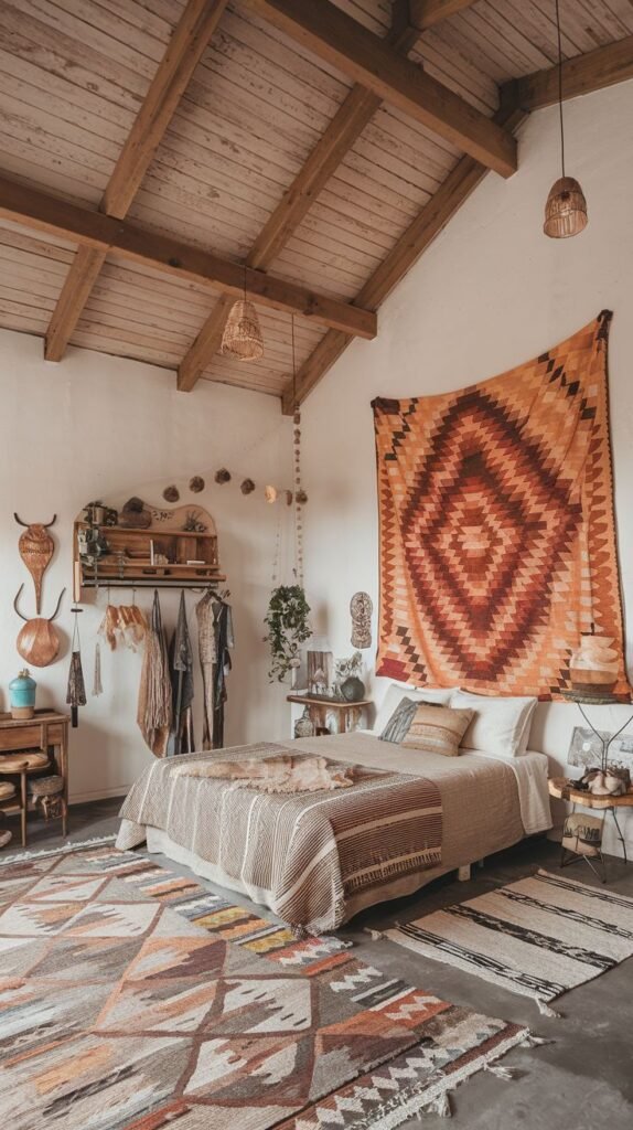 A stylish Hippie bedroom with multiple layered patterned rugs on the floor, a bed with striped bedding, a large orange and brown patterned tapestry hanging on the wall, a wooden wall shelf, and exposed wooden ceiling beams.