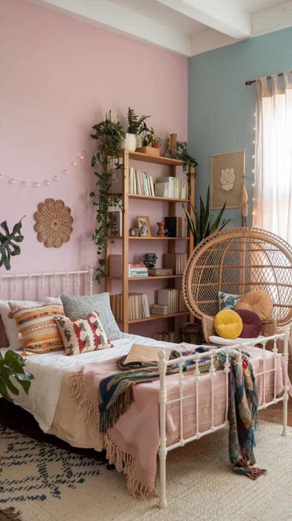 A stylish Hippie bedroom with a white metal bed frame adorned with colorful pillows and blankets, a tall wooden bookshelf, a wicker egg chair, and walls painted in contrasting pink and light blue.