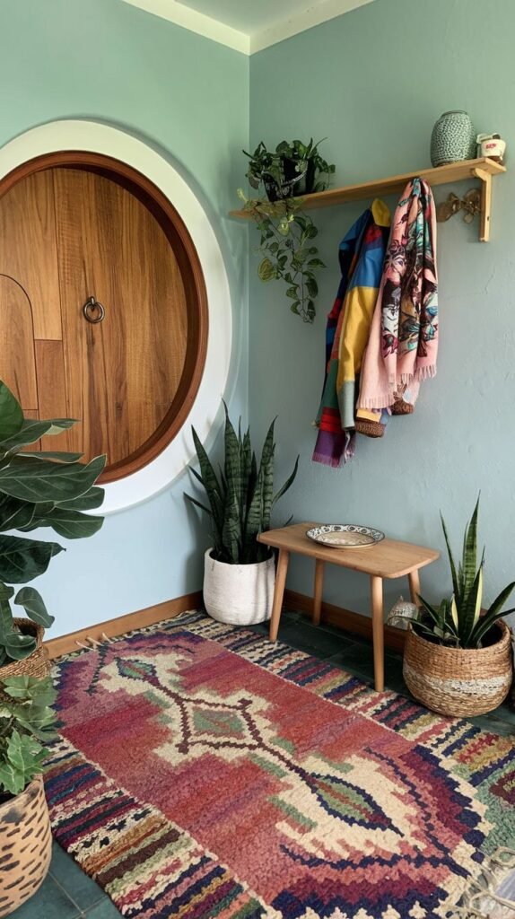 A stylish Hippie entryway with a unique round wooden door, a vibrant runner rug featuring intricate patterns, a small wooden bench, a wooden wall rack with a colorful blanket, and several potted snake plants.
