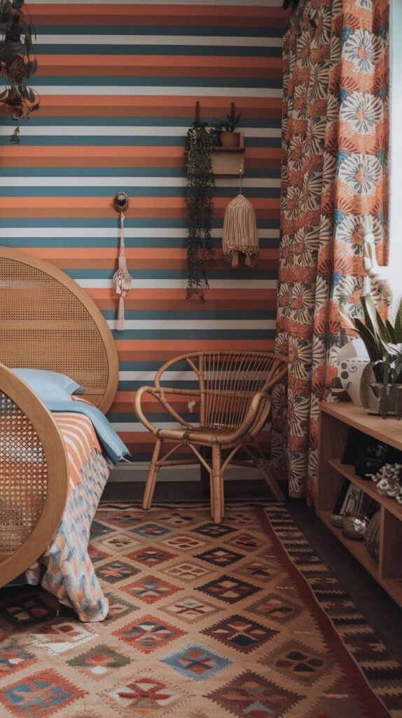 A stylish Hippie bedroom featuring a patterned area rug with geometric motifs, a rattan headboard, a wooden rattan chair, striped wallpaper in orange and blue, and floral patterned curtains.