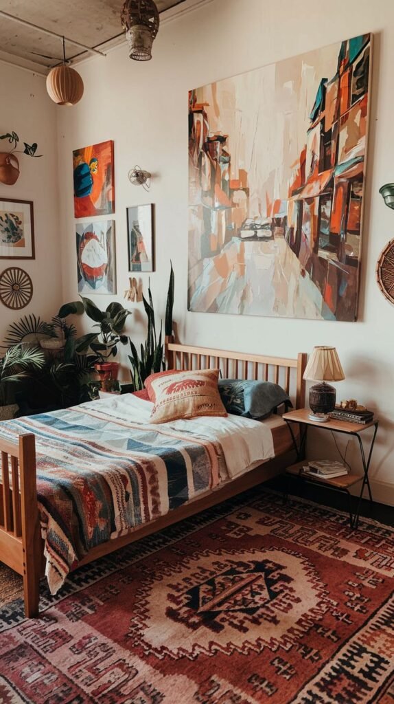 A stylish Hippie bedroom with a large, intricately patterned area rug in red and cream tones, a wooden bed frame, a prominent abstract painting on the wall, and several large potted plants.