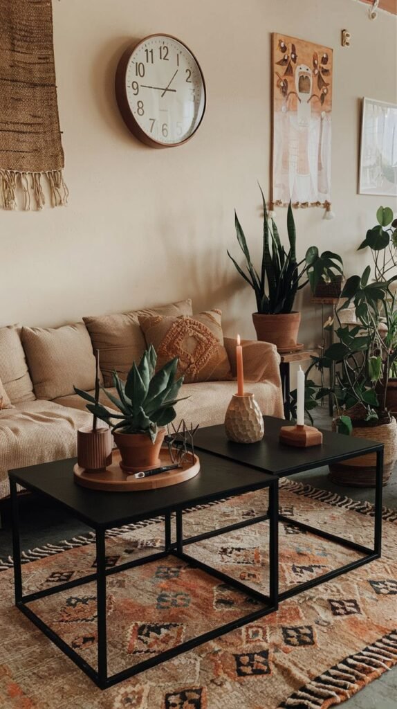 A stylish Hippie living room with a neutral-toned sofa, a patterned rug in earth tones, two black metal coffee tables, a large wall clock, and an assortment of potted plants on various surfaces.