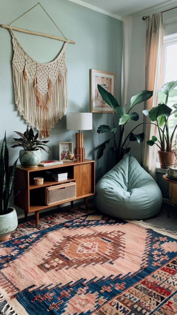 A stylish Hippie cozy corner featuring a large patterned area rug, a macrame wall hanging, a wooden cabinet with a lamp, a light green bean bag chair, and several large potted plants against a light blue wall.