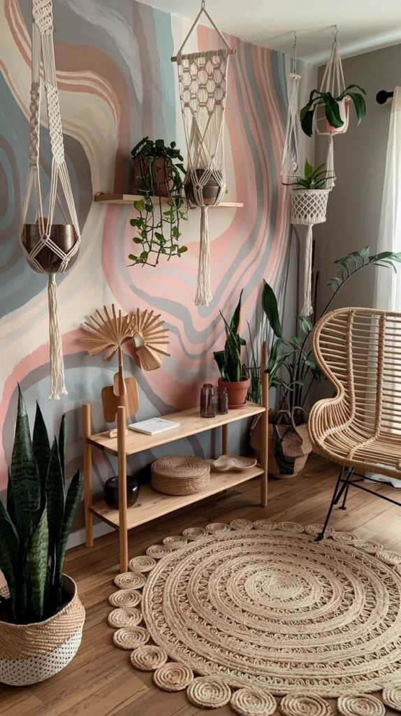 A stylish Hippie room with a distinctive circular jute rug with braided details, macrame plant hangers suspending potted plants, a wooden shelf with more plants, and a wall adorned with a wavy pastel mural.