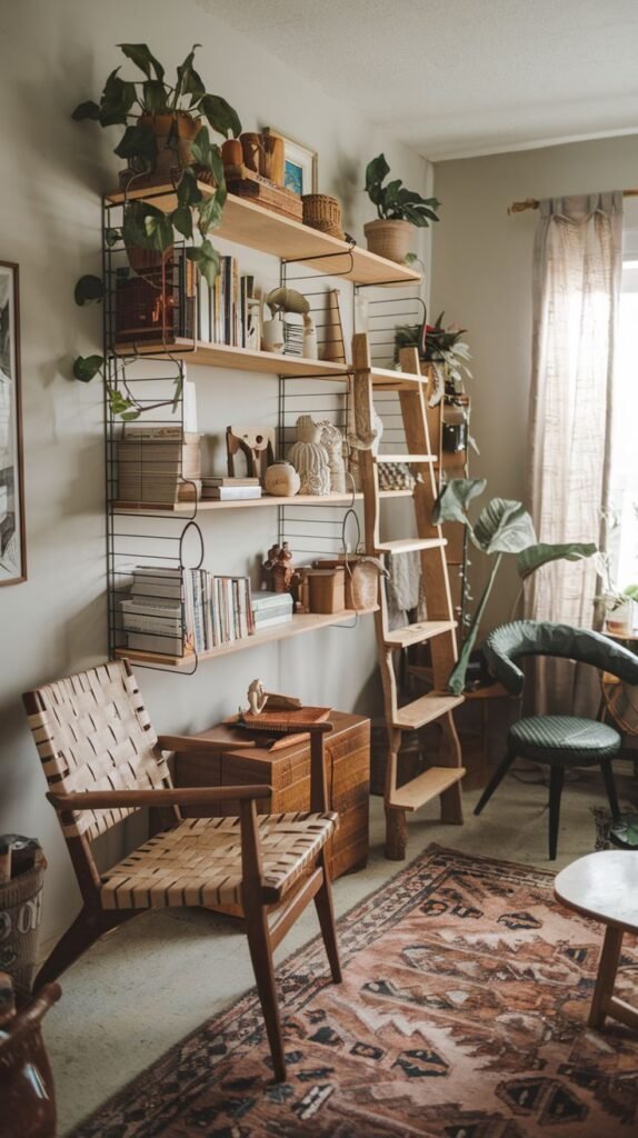 A stylish Hippie living space with a patterned area rug in earthy tones, a modern wooden shelving unit filled with books and numerous plants, a wooden chair with woven leather straps, and a smaller patterned accent chair.