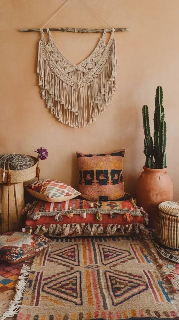 A stylish Hippie corner featuring a large macrame wall hanging, colorful patterned cushions, a geometric patterned rug, a tall cactus in a terracotta pot, and a woven basket, all set against a warm-toned wall.