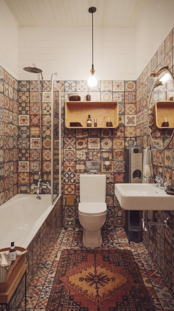 A stylish Hippie bathroom showcasing walls and floor covered in richly patterned tiles, a white bathtub, a toilet, a pedestal sink, a round mirror, and a small patterned rug adding a touch of warmth to the floor.