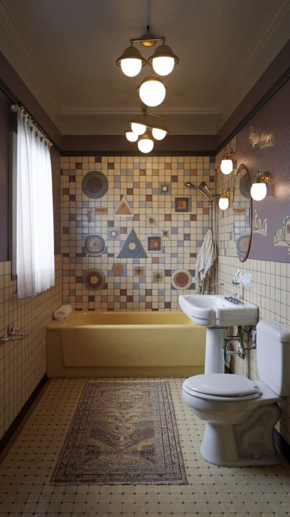 A stylish Hippie bathroom featuring geometric patterned tiled walls and a lighter patterned tiled floor, a yellow bathtub, a white pedestal sink and toilet, and vintage-style light fixtures on the ceiling and wall.