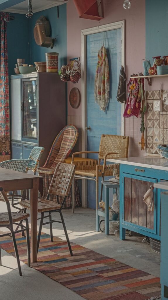 A stylish Hippie kitchen area with a multi-colored striped runner rug, an assortment of chairs with woven seats, walls painted in alternating pink and blue stripes, and various kitchenware and rustic decor elements.