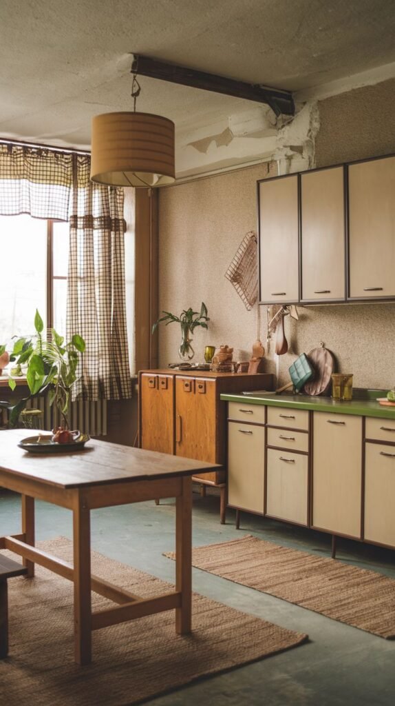 A stylish Hippie kitchen and dining area featuring two natural jute runner rugs, a simple wooden dining table, wooden kitchen cabinets with cream doors and green countertops, and checkered curtains on the window.