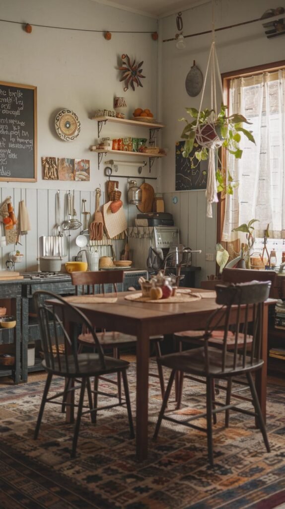 A stylish Hippie kitchen and dining space with a large, intricately patterned area rug, a wooden dining table surrounded by dark wooden chairs, open shelves displaying various kitchen items, and multiple hanging and potted plants.