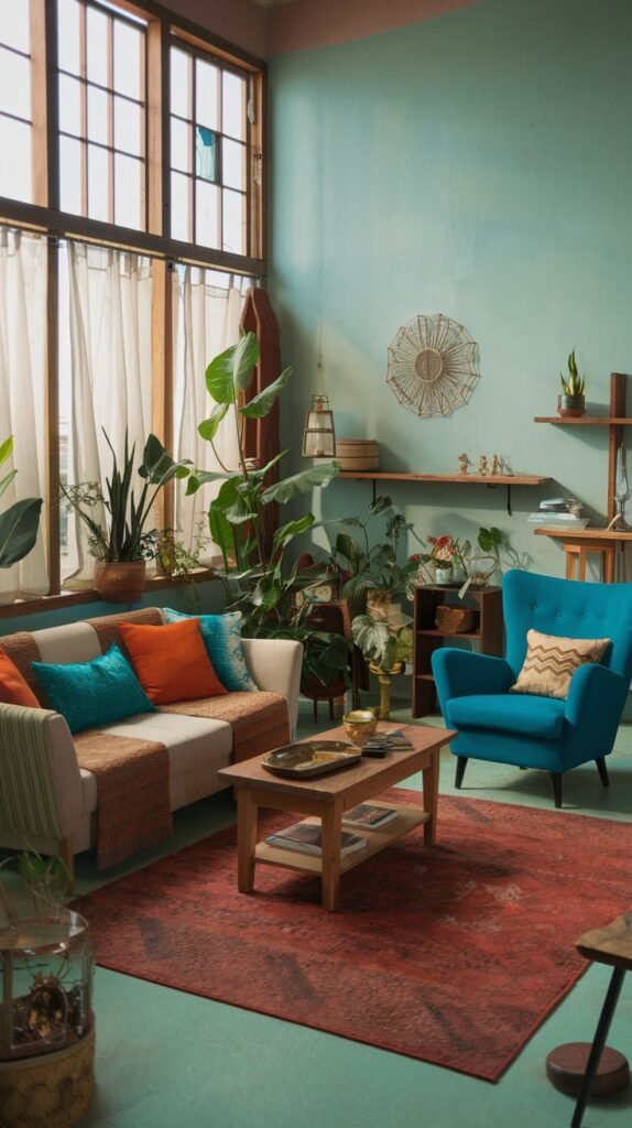 A stylish Hippie living room with a large patterned red area rug, a light-colored sofa adorned with colorful blue and orange cushions, a vibrant blue armchair, a wooden coffee table, and numerous large potted plants.