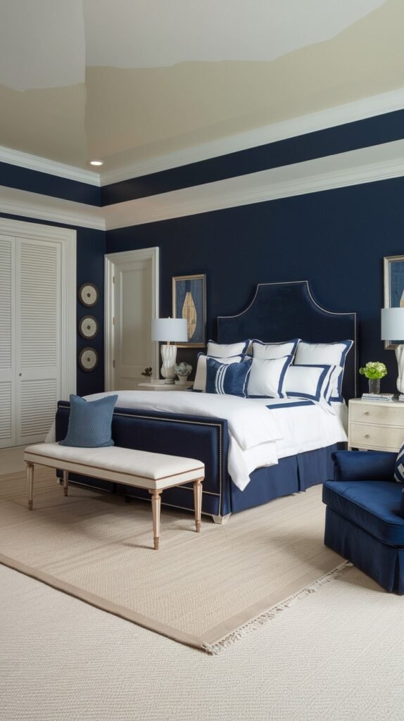 A beautiful navy blue bedroom with a light-colored tray ceiling, contrasting with deep navy blue walls. The bed has a navy blue headboard with gold studding and is dressed with white bedding and navy blue and white striped pillows. White nightstands with lamps flank the bed. A light-colored bench with navy blue piping is at the foot of the bed, and a light beige patterned rug covers the floor. A navy blue armchair is in the foreground.