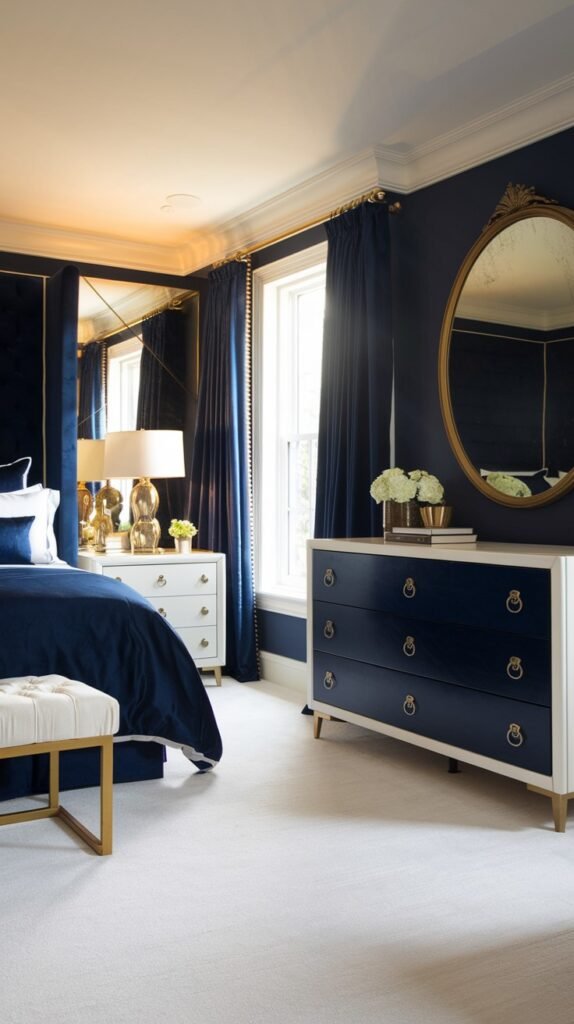 A luxurious and beautiful navy blue bedroom with navy blue walls and gold accents. The bed features navy blue bedding, and a white nightstand with gold lamps is visible. Large mirrors with gold frames adorn the wall, including an oval one. Navy blue curtains hang at the window. A white bench with tufted seating and gold legs is at the foot of the bed, and a light-colored carpet covers the floor. A navy blue dresser with white drawers and gold hardware is on the right.