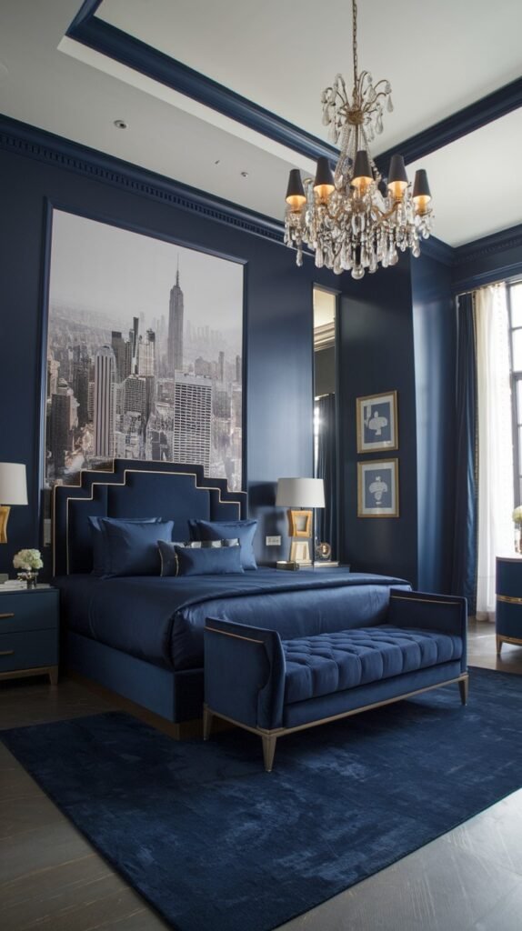 A dramatic and beautiful navy blue bedroom with walls and ceiling painted a deep navy blue. A large black and white mural of a city skyline hangs above the navy blue bed, which has gold trim and navy blue bedding. A tufted navy blue bench is at the foot of the bed. A large ornate crystal chandelier hangs from the ceiling. Dark wooden floors are covered by a deep navy blue rug, and gold-accented nightstands and lamps are on either side of the bed.