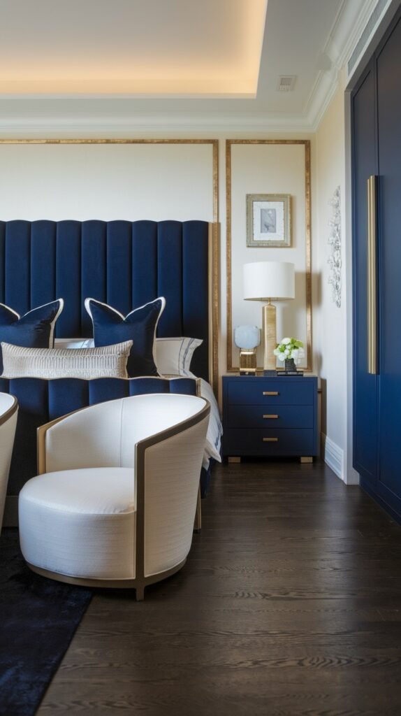 A luxurious and beautiful navy blue bedroom featuring a tall, fluted navy blue headboard. The walls are a light color with gold molding details. The nightstand is navy blue with gold handles and a gold lamp. A white rounded armchair with gold trim is in the foreground. A navy blue wardrobe with gold handles is visible on the right, and the floor is dark wood.