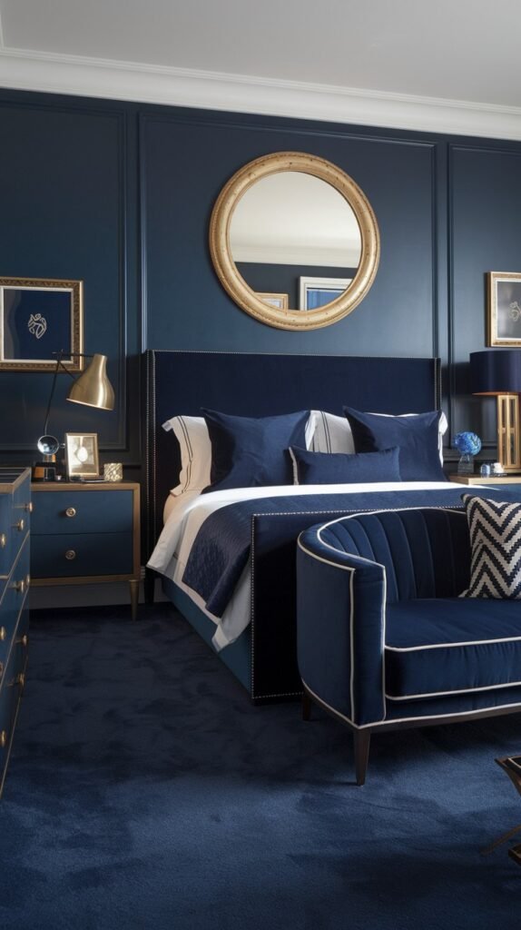 An opulent and beautiful navy blue bedroom featuring paneled navy blue walls. The bed has a navy blue headboard with silver studding and navy blue bedding. A round gold mirror hangs above the bed. Navy blue nightstands with gold hardware and gold lamps flank the bed. A navy blue tufted bench is in the foreground, and a deep navy blue carpet covers the floor. Gold-framed artwork is also visible.