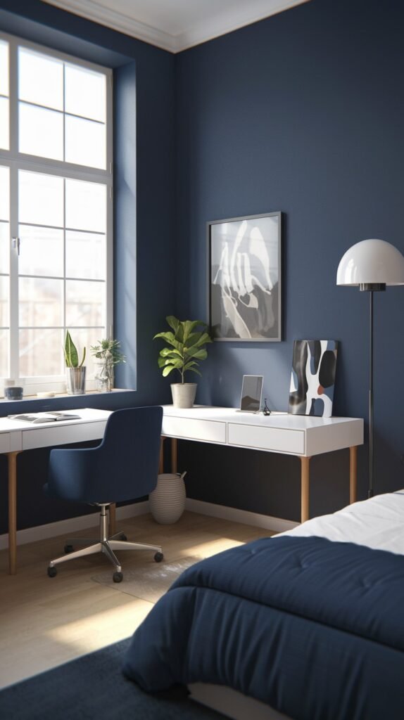 A minimalist and beautiful navy blue bedroom with a large, bright window. The walls are painted navy blue. A white bed with navy blue bedding is in the foreground. A white desk with wooden legs and a navy blue chair are positioned by the window. Green plants add a touch of nature, and a navy blue rug is on the light wooden floor.