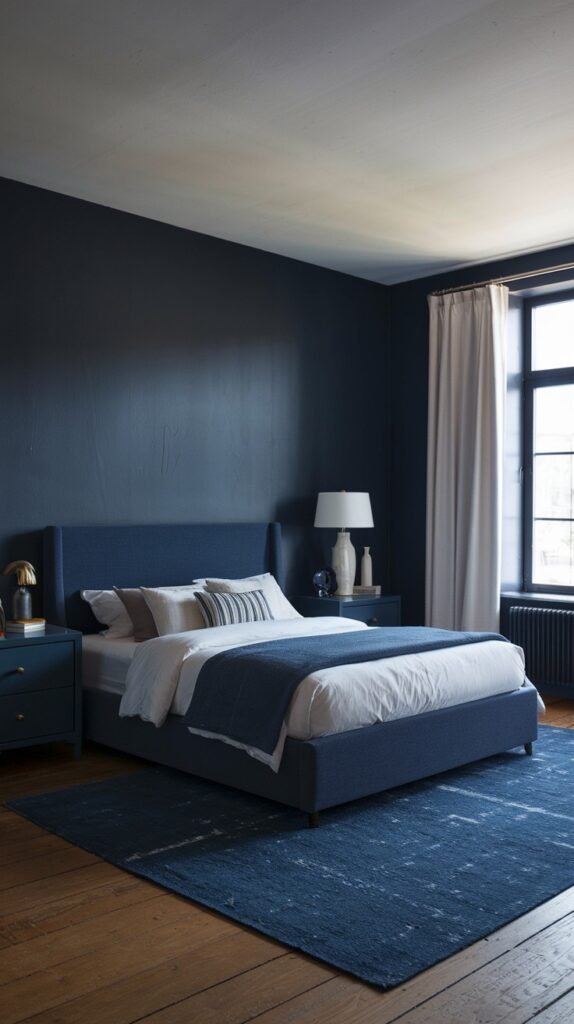A cozy and beautiful navy blue bedroom with a simple, modern design. The walls are a deep navy blue, and the bed frame is also navy blue. White bedding with striped pillows provides contrast. Navy blue nightstands flank the bed, holding lamps. A large window with light curtains is on the right, and a navy blue abstract patterned rug covers the wooden floor.