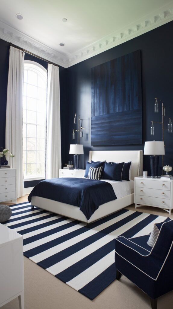 A spacious and beautiful navy blue bedroom with a large abstract navy blue painting positioned above a white bed. The walls are navy blue, and the bed is dressed in navy blue bedding with white and navy striped pillows. White nightstands with lamps flank the bed, and large windows with white curtains are on the left. A navy blue and white striped rug covers the floor, and a navy blue armchair with white piping is in the foreground.