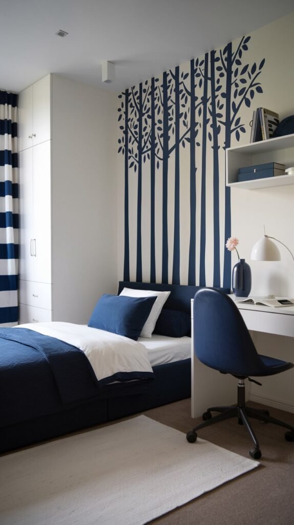 A beautiful child's or guest bedroom with a navy blue and white color scheme. A white wall features a navy blue tree mural behind the bed. The bed has navy blue bedding and white sheets. A white desk with a navy blue chair and a white shelf are integrated into the space. Striped white and navy curtains are on the left, and a white rug is on the carpeted floor.