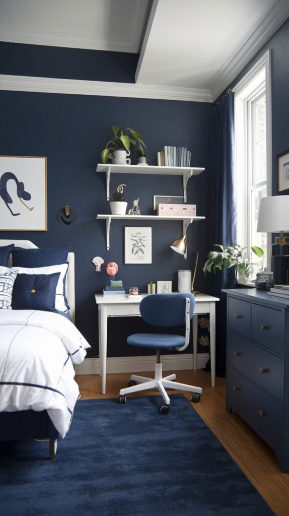 A charming and beautiful navy blue bedroom with a desk area. The walls are navy blue. The bed is dressed with navy blue and white bedding, including a patterned pillow. A white desk with a navy blue chair is on the right, positioned under white floating shelves adorned with decorative items and plants. A navy blue rug covers the wooden floor.