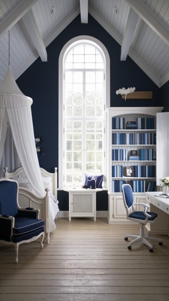 A beautiful navy blue attic bedroom featuring a tall, arched window with a window seat. The room has navy blue walls, white exposed ceiling beams, and a light wood floor. A white bed with a sheer canopy, a navy blue armchair, a white desk, and a built-in white bookshelf filled with blue-spined books are visible.
