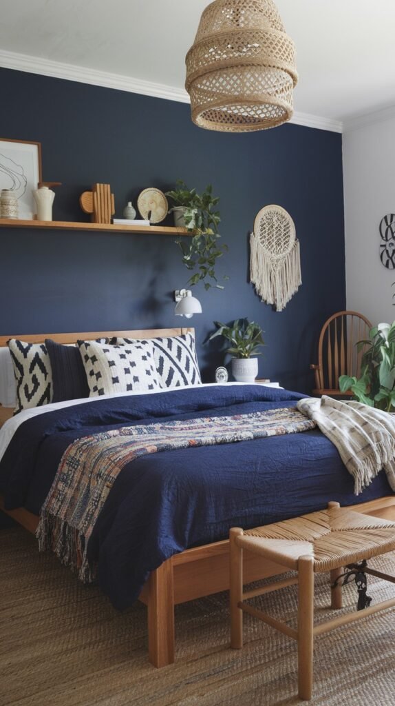 A beautiful navy blue bohemian-style bedroom with a navy blue accent wall behind a wooden bed. The bed features navy blue bedding, patterned black and white pillows, and a colorful woven throw. A rattan pendant light hangs from the ceiling, and a wooden shelf with plants and a macrame wall hanging adorn the wall. A woven rug covers the floor.
