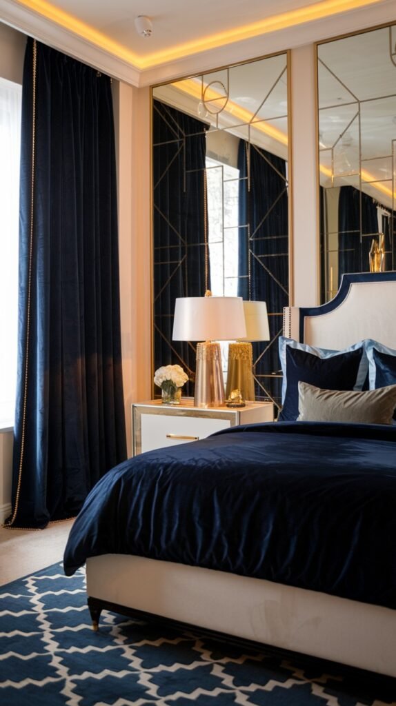 A luxurious and beautiful navy blue bedroom showcasing a bed with a white headboard and plush navy blue velvet bedding. The room has light-colored walls, complemented by heavy navy blue velvet curtains with gold trim. Mirrored panels with gold geometric patterns line the wall, reflecting gold-toned lamps on white nightstands. A navy blue and white patterned rug covers the floor.