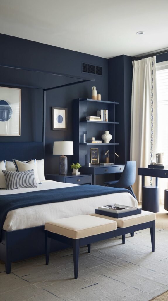 A beautiful navy blue bedroom featuring a modern four-poster bed with a navy blue frame and navy blue walls. The bed is made with white bedding and striped navy blue and white pillows. To the right, there is a built-in navy blue bookshelf and a desk area with a navy blue chair. Light-colored curtains are visible at the window, and a subtly patterned rug covers the floor.