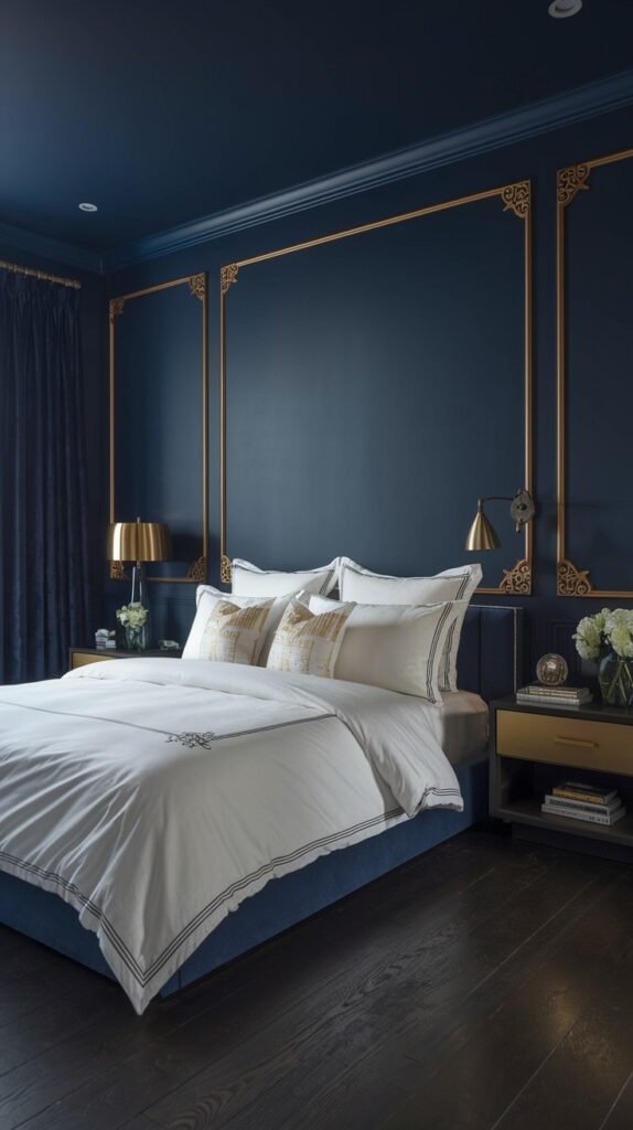 An elegant and beautiful navy blue bedroom with intricate gold molding adorning the navy blue walls and ceiling. The bed has a navy blue base and white bedding with delicate gold embroidery. Gold lamps on nightstands and gold wall sconces illuminate the space, which features a dark wooden floor.